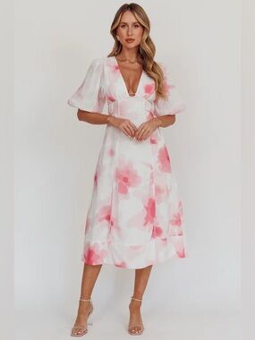 NWT MIKA & GALA Elias Puff Sleeve Midi Dress Blush selfie Leslie
